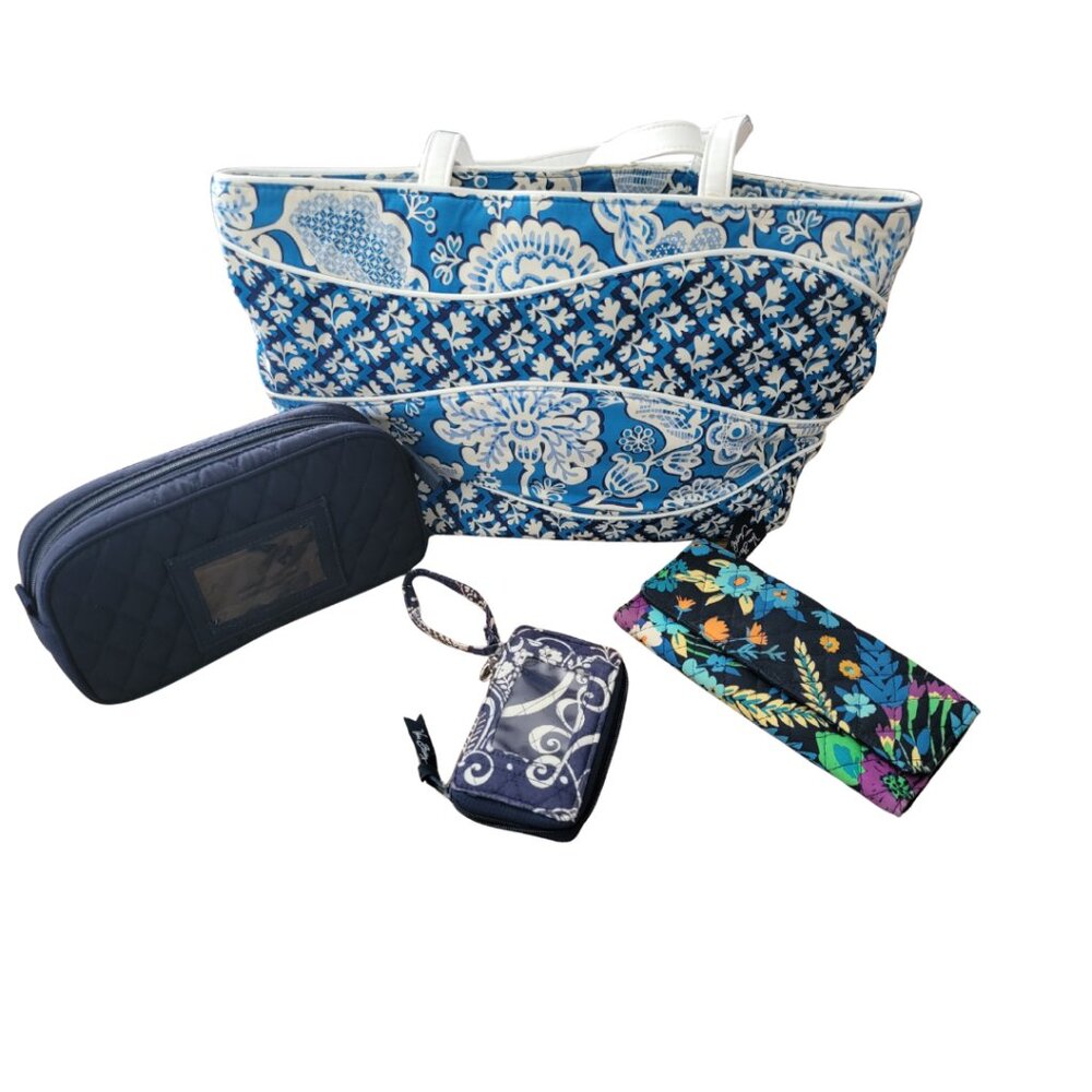 4 Vera Bradley Bags: Blue Tote, Black Cosmetic Case NWT, Blue & Purple Wallets